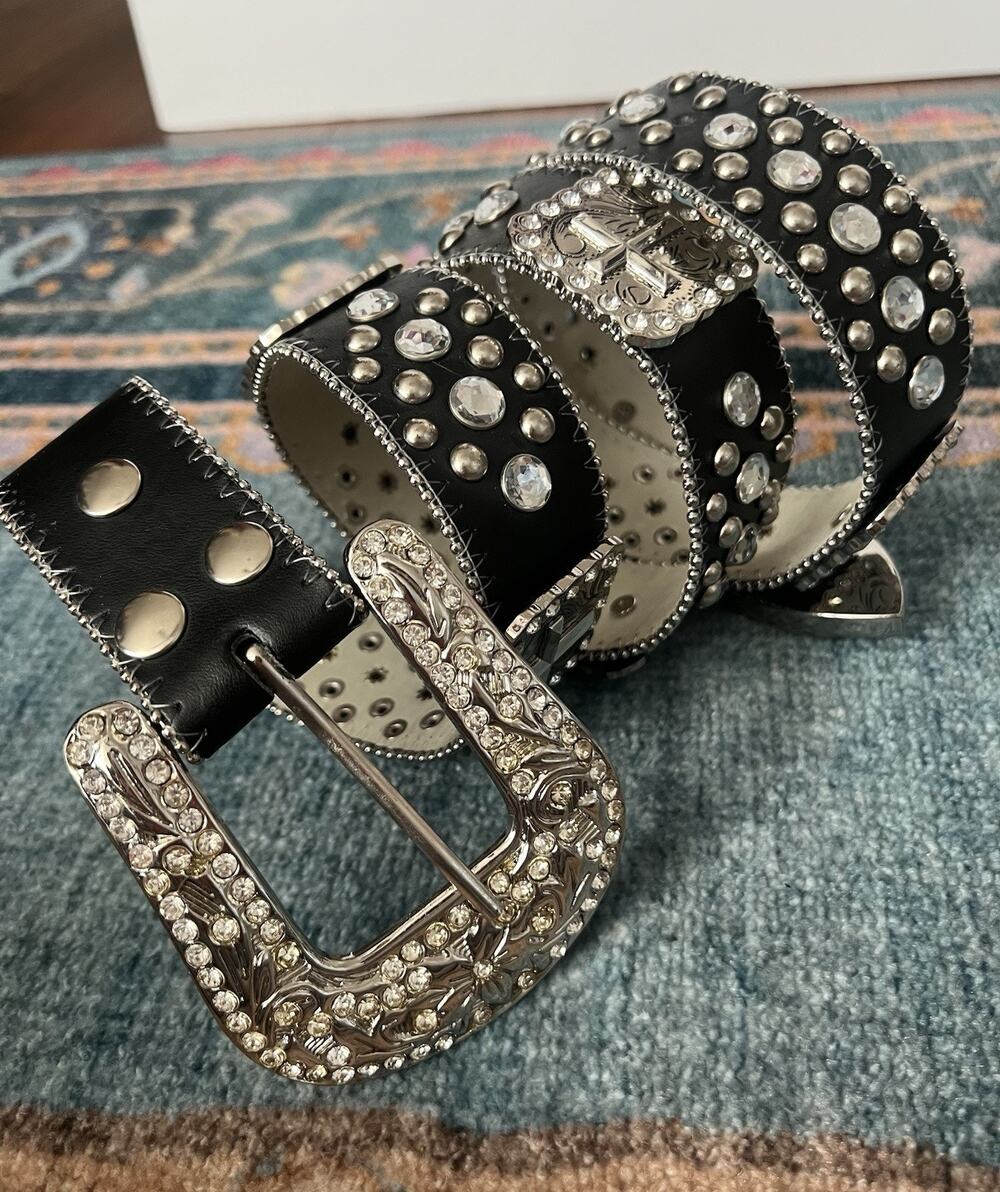 BHW Black Leather Silvertone Cross Concho Rhinestone Embellished Western Belt XL